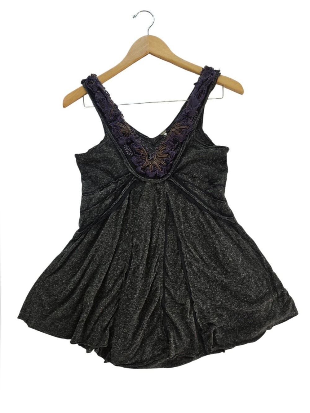 Free People Gray Tank Top with Purple Embroidered Neckline